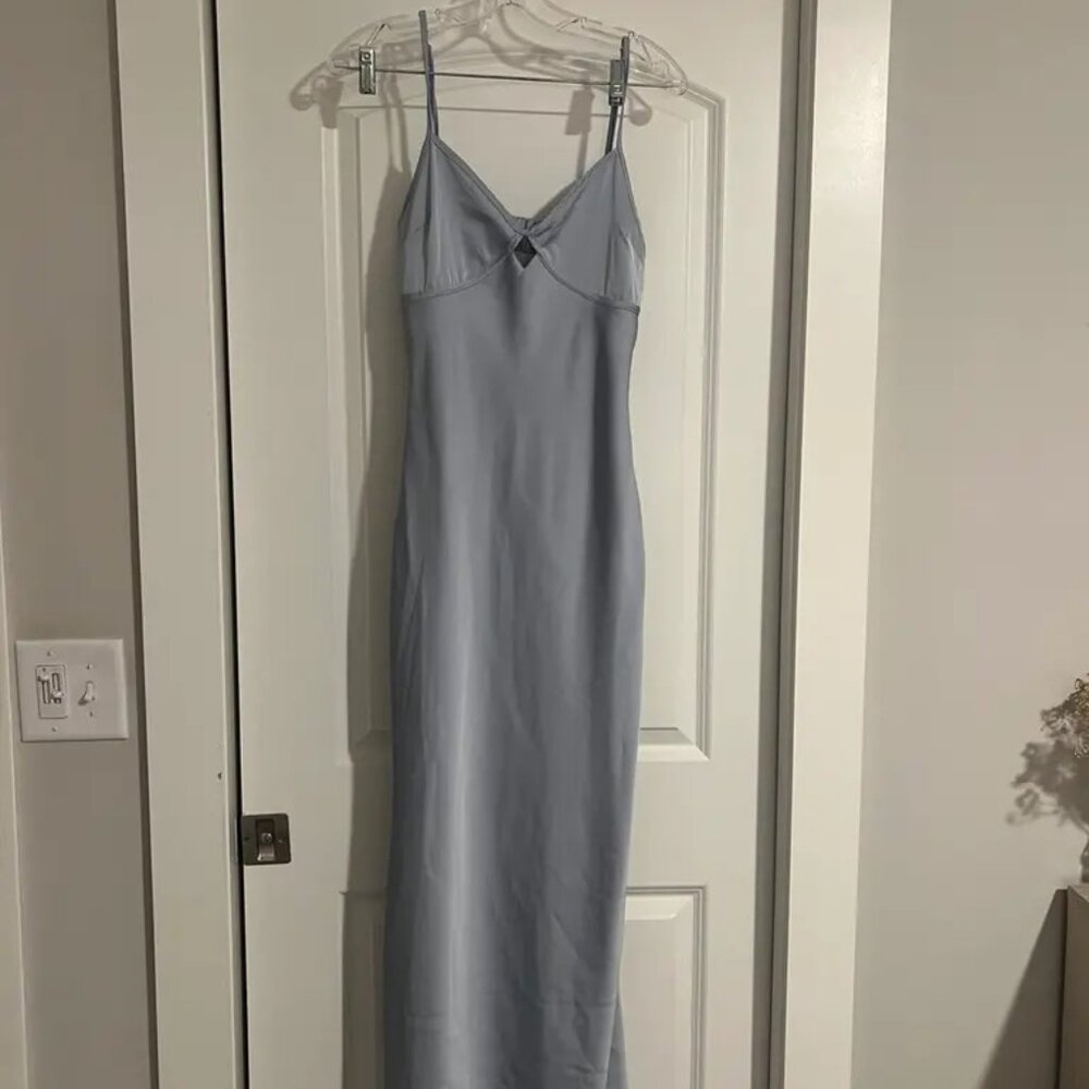Blue satin maxi dress with open back and cutouts